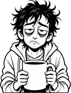 Tired founder holding a giant coffee